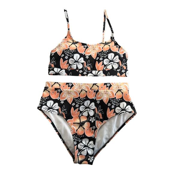 Swim Suit Women’s Size Small 2 Piece Floral Print Orange Black U Neck Like New - Picture 1 of 6